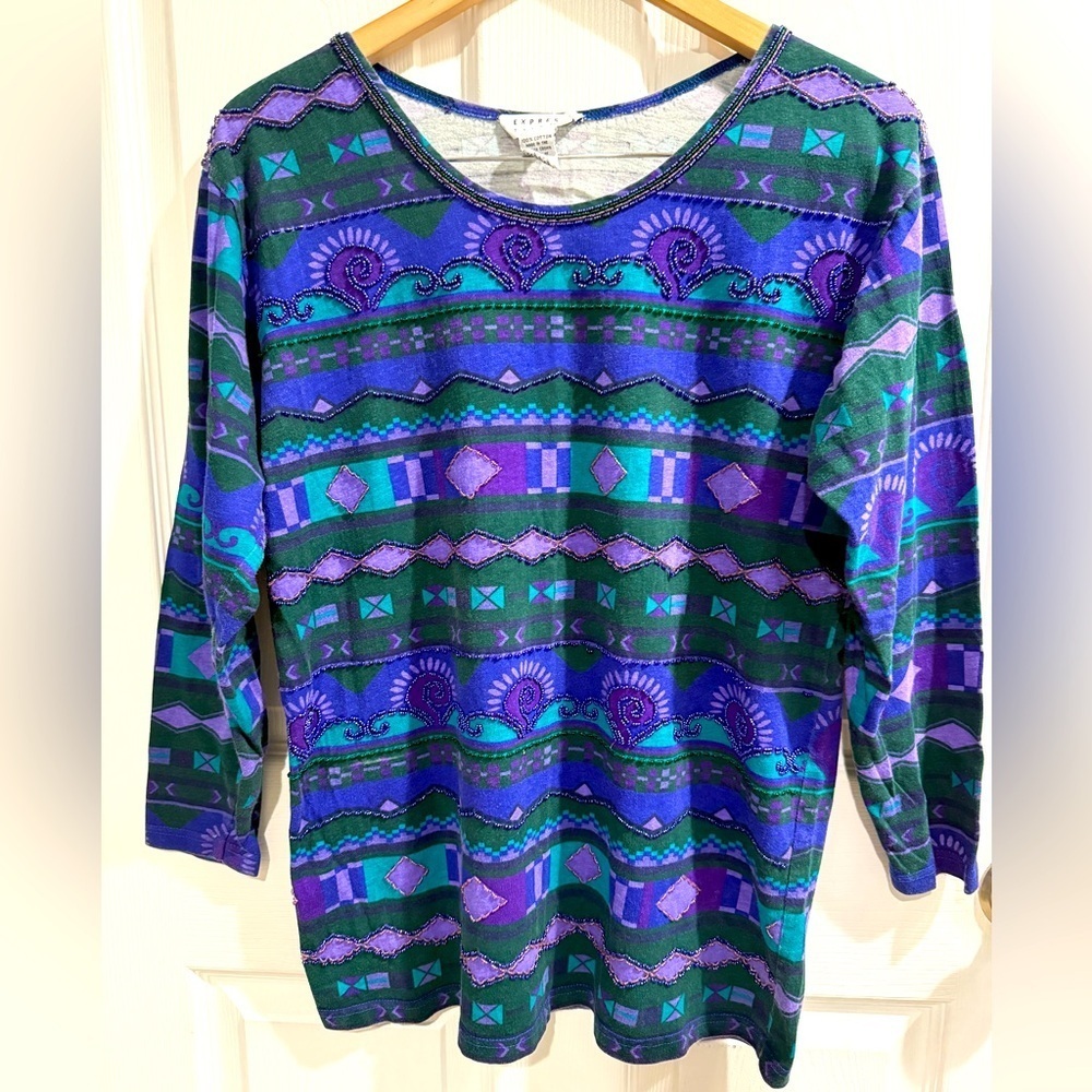 VTG Express Multicolor Geometric Long Sleeve Beaded Top